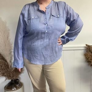 J. Crew Vertical Striped Blouse 1/4 Button-up Blouse Shirt Blue White XXL